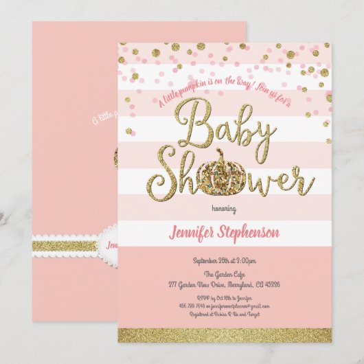 Roze en gouden pompoen baby shower uitnodiging (Voorkant / Achterkant)