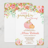 Roze en gouden pompoen baby shower uitnodiging, he kaart (Voorkant / Achterkant)