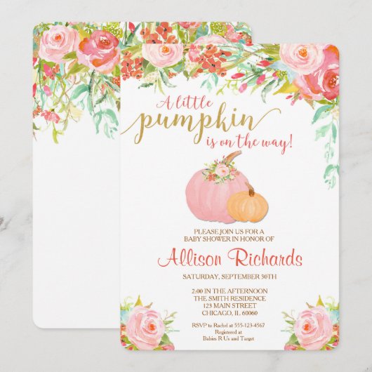 Roze en gouden pompoen baby shower uitnodiging, he kaart (Voorkant / Achterkant)
