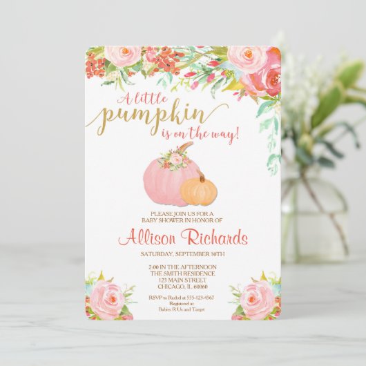 Roze en gouden pompoen baby shower uitnodiging, he kaart (Staand voorkant)
