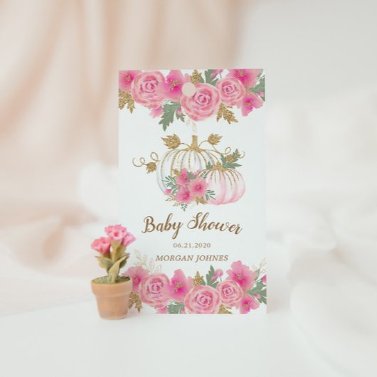 Roze en gouden pompoen bloemenmonogram cadeaulabel