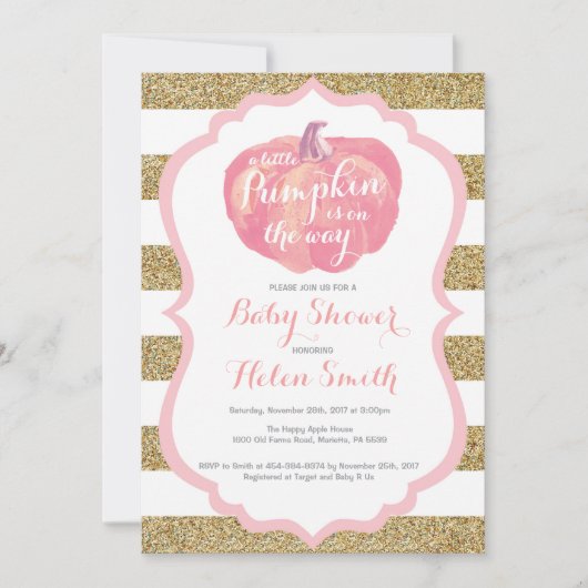 Roze en Gouden Pompoen Meisje Baby shower Uitnodig Kaart (Voorkant)