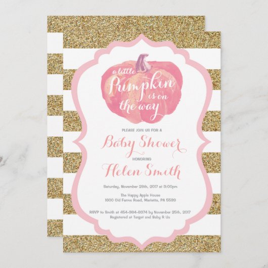 Roze en Gouden Pompoen Meisje Baby shower Uitnodig Kaart (Voorkant / Achterkant)