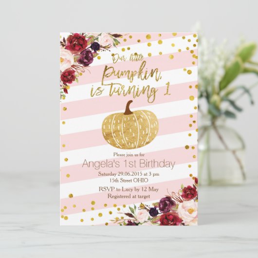 Roze en gouden pompoen uitnodiging eerste verjaard (Staand voorkant)