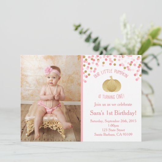 Roze en gouden pompoen uitnodiging eerste verjaard (Staand voorkant)
