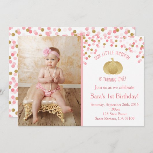 Roze en gouden pompoen uitnodiging eerste verjaard (Voorkant / Achterkant)