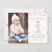 Roze en Gouden Prinses 1e Verjaardag Dank u Kaart (Voorkant)