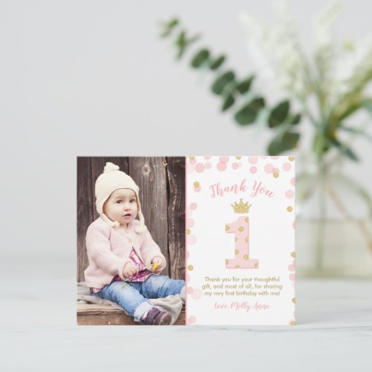Roze en Gouden Prinses 1e Verjaardag Dank u Kaart (Staand voorkant)