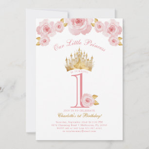 Roze en Gouden Prinses 1e Verjaardag Uitnodiging