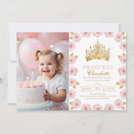 Roze en Gouden Prinses 1e Verjaardagsfoto Kaart