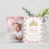 Roze en Gouden Prinses 1e Verjaardagsfoto Kaart (Staand voorkant)