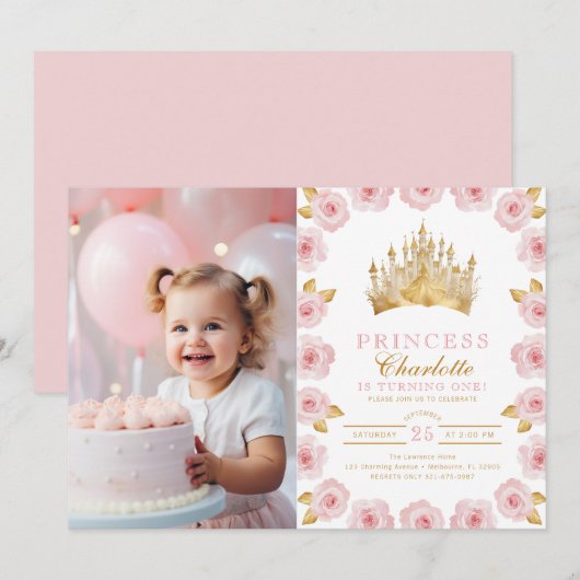 Roze en Gouden Prinses 1e Verjaardagsfoto Kaart (Voorkant / Achterkant)