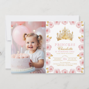 Roze en Gouden Prinses 1e Verjaardagsfoto Kaart