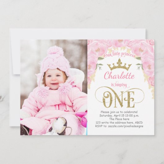 Roze en gouden prinses 1ste verjaardag kaart (Voorkant)