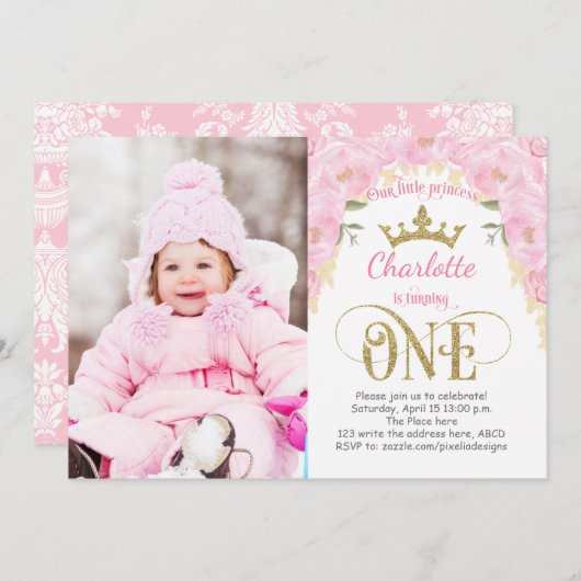 Roze en gouden prinses 1ste verjaardag kaart (Voorkant / Achterkant)