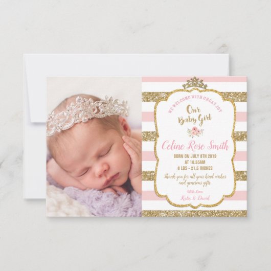 Roze en gouden prinses Baby Girl Birth Aankondiging (Voorkant)