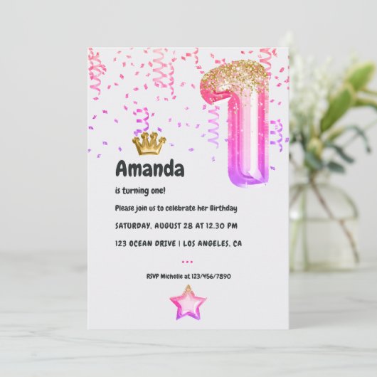Roze en Gouden Prinses Ballon 1e Verjaardag Kaart (Staand voorkant)