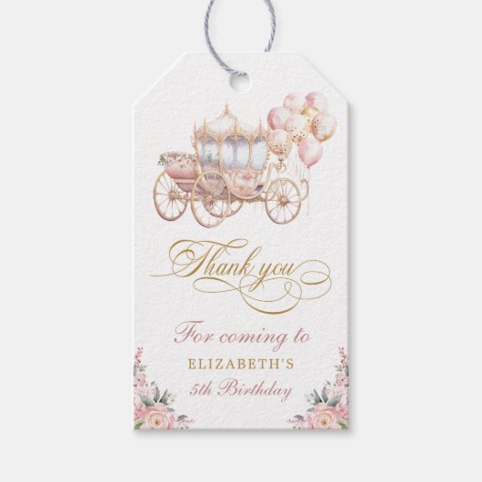 Roze en Gouden Prinses Carriage Verjaardagsfeest Cadeaulabel (Voorkant)