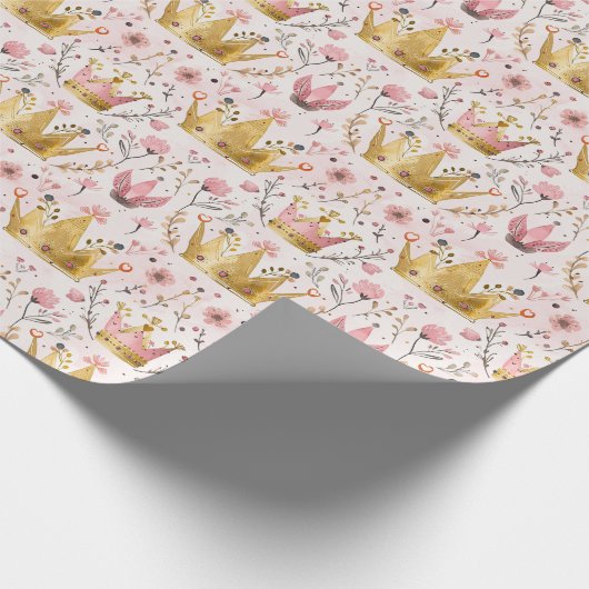 Roze en Gouden Prinses Kroon Bloemen Patroon Cadeaupapier (Hoek)
