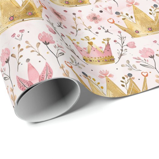 Roze en Gouden Prinses Kroon Bloemen Patroon Cadeaupapier (Rol Hoek)