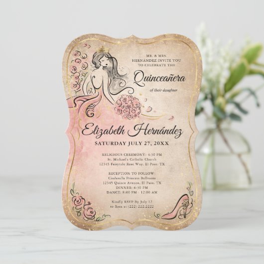 Roze en Gouden Prinses Quinceanera Verjaardag Kaart (Staand voorkant)