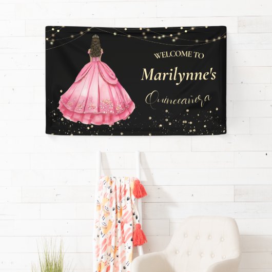 Roze en gouden prinses Quinceañera Welkom Spandoek (Insitu)