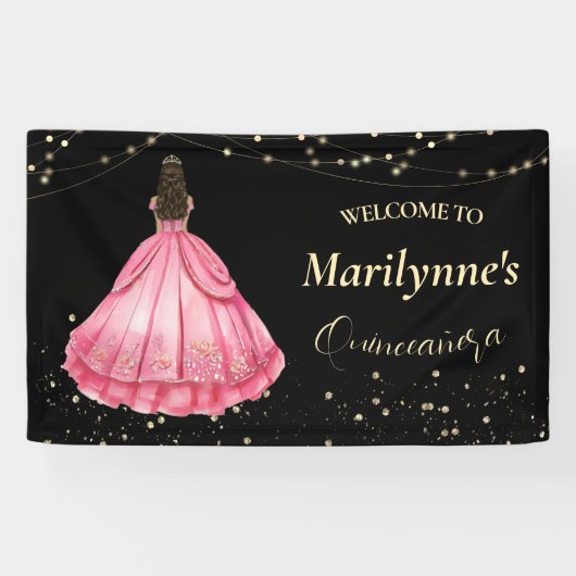 Roze en gouden prinses Quinceañera Welkom Spandoek (Horizontaal)