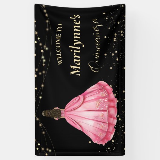 Roze en gouden prinses Quinceañera Welkom Spandoek (Verticaal)