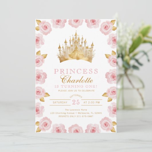 Roze en Gouden Prinses Roos Verjaardagsuitnodiging Kaart (Staand voorkant)