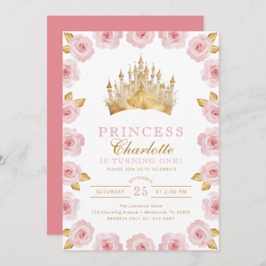 Roze en Gouden Prinses Roos Verjaardagsuitnodiging Kaart (Voorkant / Achterkant)