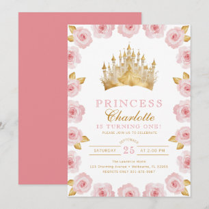 Roze en Gouden Prinses Roos Verjaardagsuitnodiging Kaart