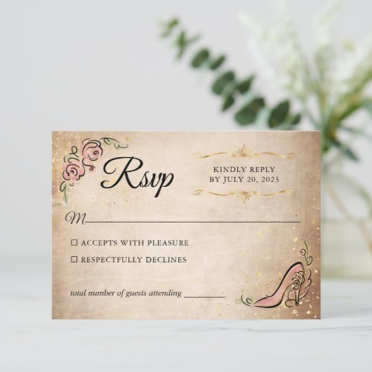 Roze en Gouden Prinses Schoen Elegante Bruiloft RSVP Kaartje (Staand voorkant)