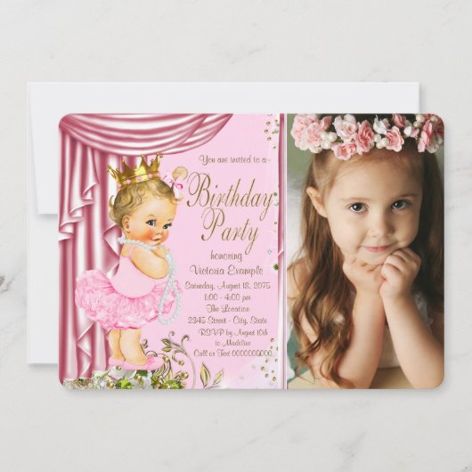 Roze en gouden prinses Tutu Pearl verjaardagsfeest Kaart (Voorkant)