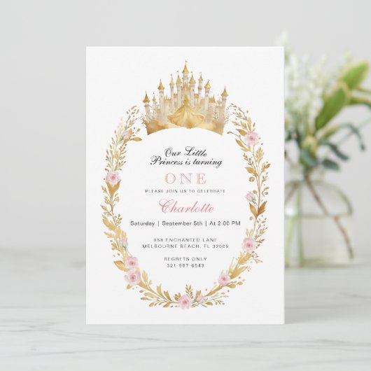 Roze en Gouden Prinses Verjaardag Uitnodiging (Staand voorkant)