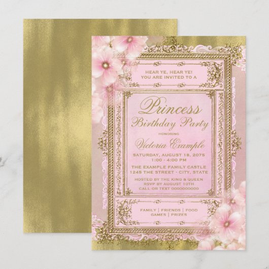 Roze en Gouden Prinses Verjaardagsfeest Kaart (Voorkant / Achterkant)
