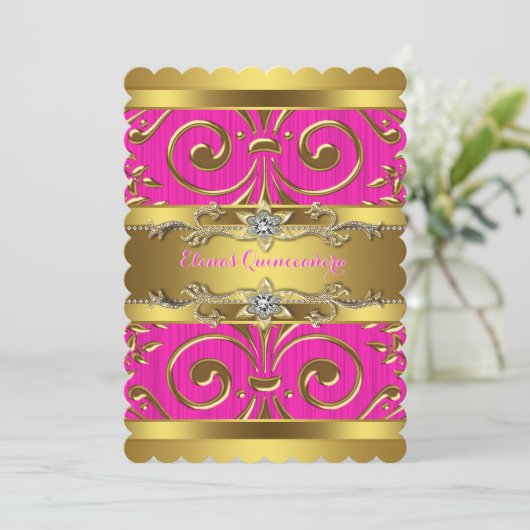 Roze en gouden Quinceanera Kaart (Staand voorkant)