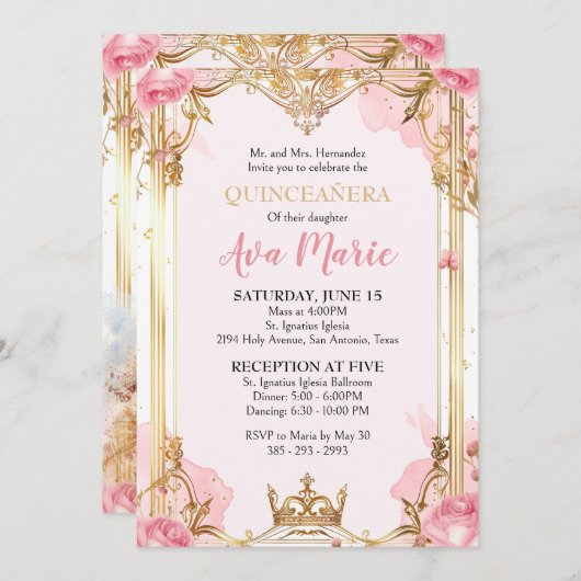 Roze en gouden Quinceañera uitnodiging (Voorkant / Achterkant)