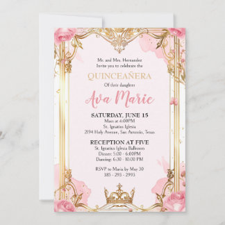 Roze en gouden Quinceañera uitnodiging