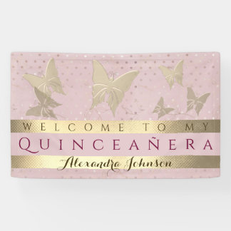 Roze En Gouden Quinceanera Verjaardag Spandoek