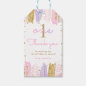 Roze en gouden regenboog 1e verjaardag gunst cadeaulabel (Voorkant)