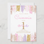 Roze en gouden regenboog 1e verjaardagsfeestje kaart (Voorkant)