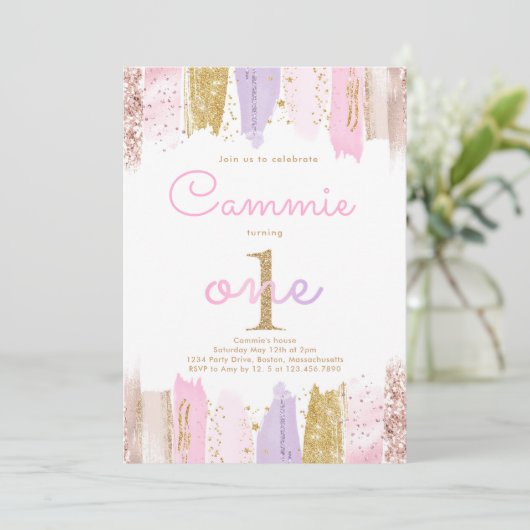 Roze en gouden regenboog 1e verjaardagsfeestje kaart (Staand voorkant)