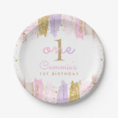 Roze en gouden regenboog 1e verjaardagsfeestje papieren bordje (Voorkant)