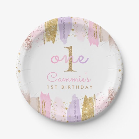 Roze en gouden regenboog 1e verjaardagsfeestje papieren bordje (Voorkant)