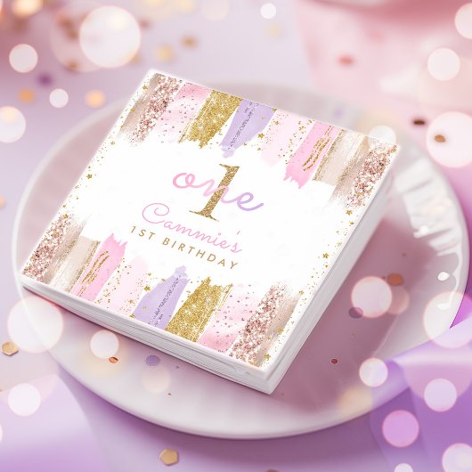 Roze en gouden regenboog 1e verjaardagsfeestje servet