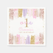 Roze en gouden regenboog 1e verjaardagsfeestje servet (Voorkant)