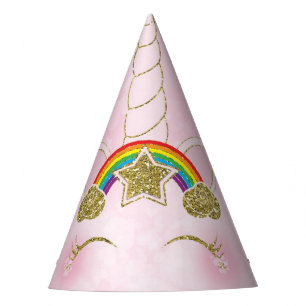 Roze en gouden regenboogster Unicorn Horn Face Feesthoedjes