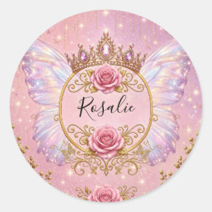 Roze en gouden roos bloemige fee prinses vlinder ronde sticker