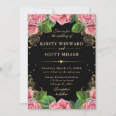 Roze en Gouden Rozen Bloemen Huwelijk Kaart (Voorkant)