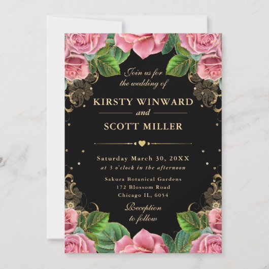 Roze en Gouden Rozen Bloemen Huwelijk Kaart (Voorkant)